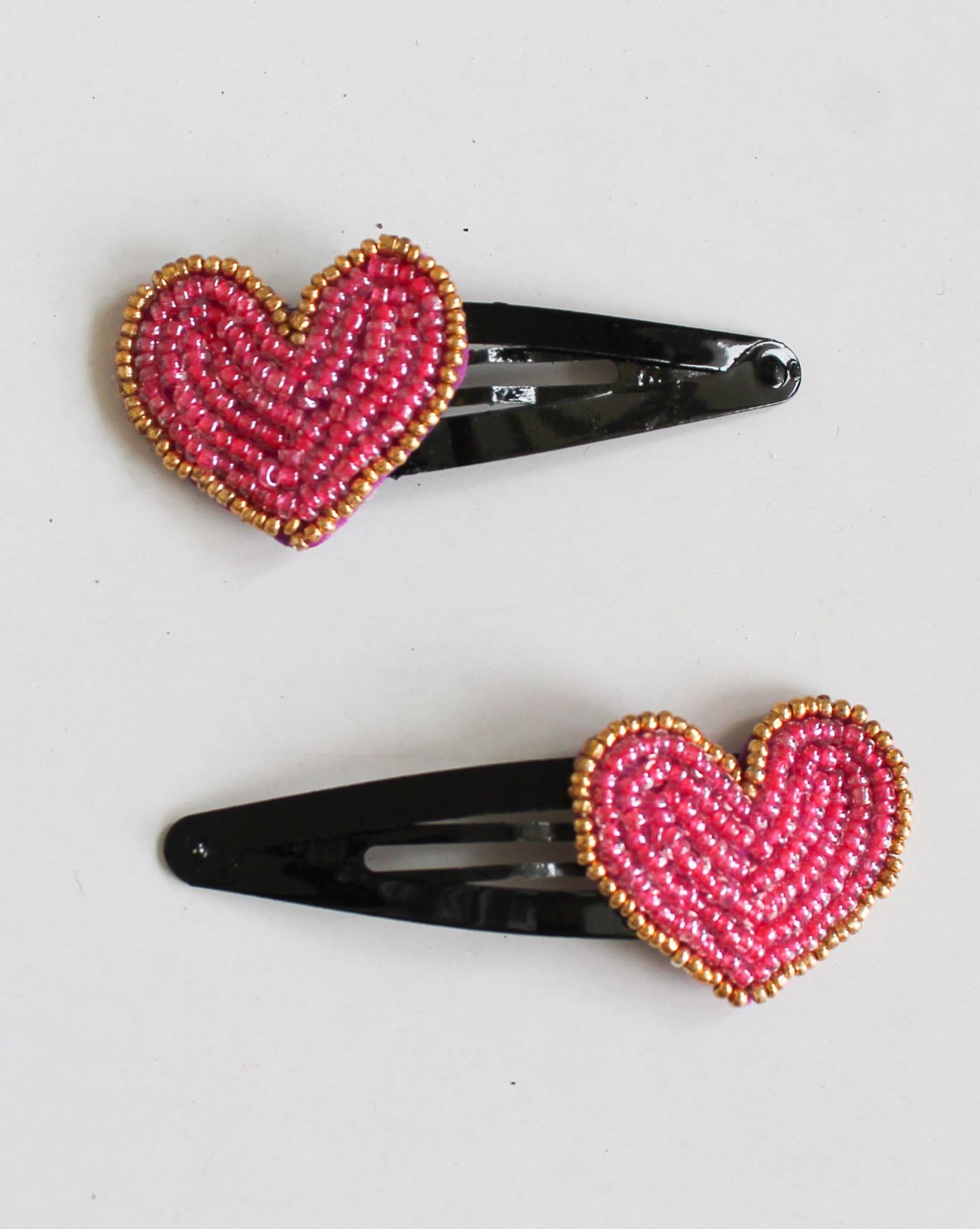 Woonie Heart Embellished Handmade Set of 2 Hair Clips - Pink