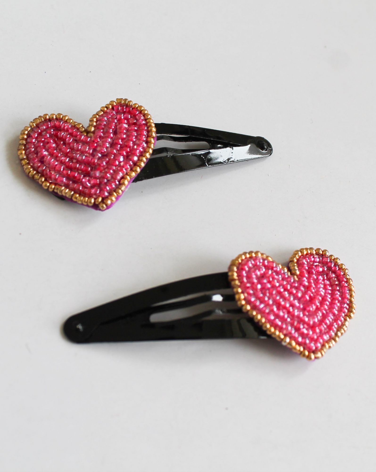 Woonie Heart Embellished Handmade Set of 2 Hair Clips - Pink