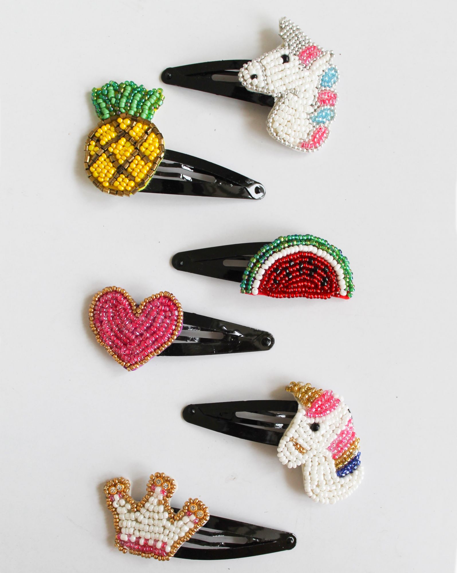 Woonie Embellished Handmade Set of 6 Unicorn & Watermelon Hair Clips - Multi Color