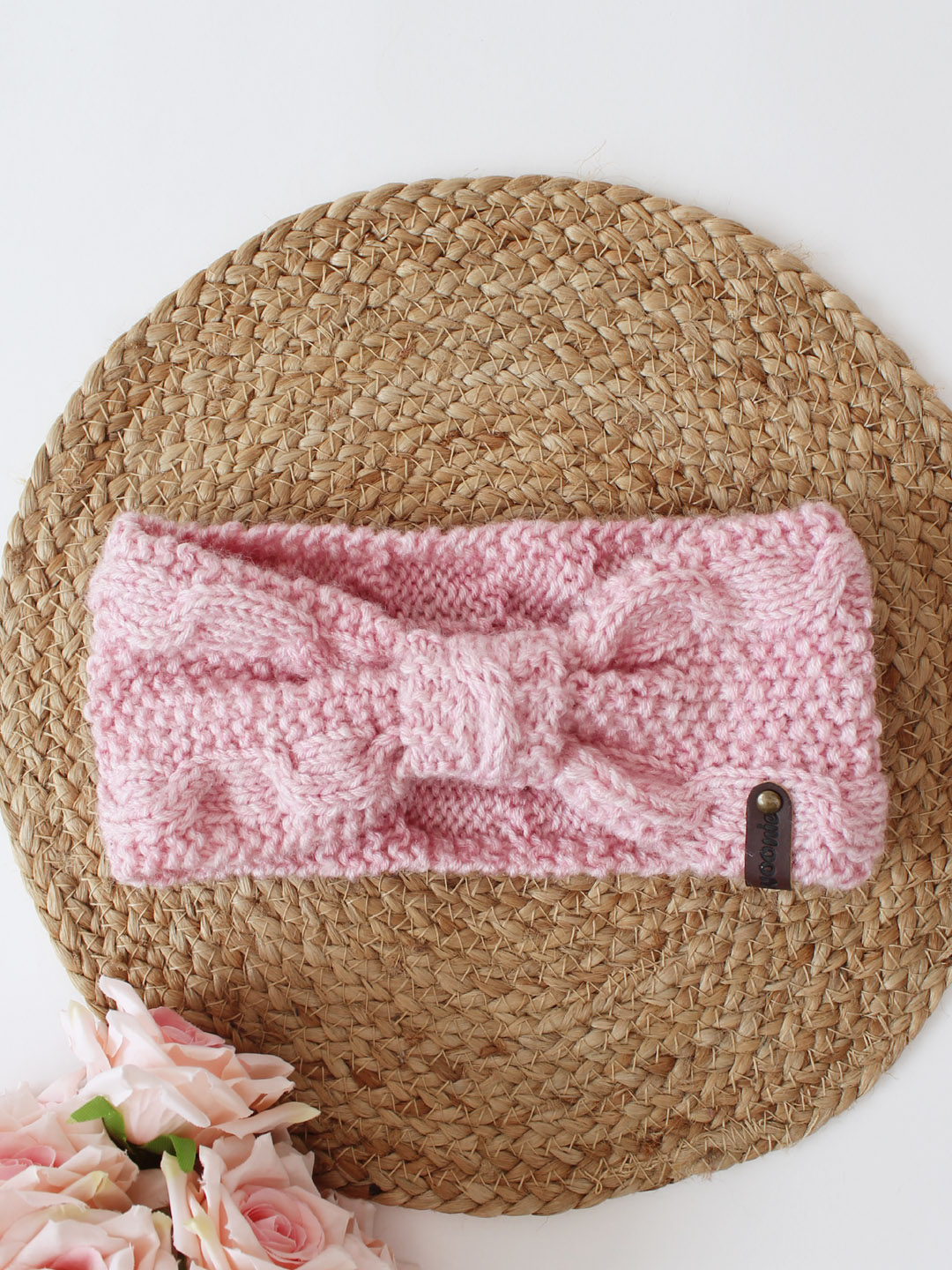 Woonie Knitted Head Wrap With Border Detail Headband - Pink