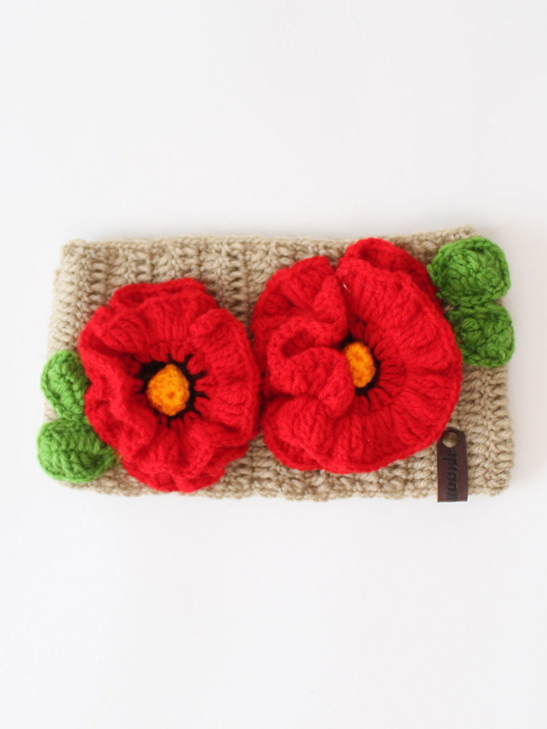 Woonie Knitted Floral Applique Detailed Headband - Beige