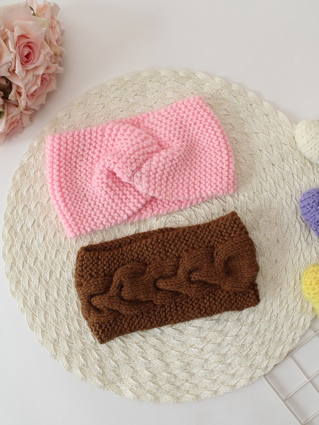 Woonie Set Of 2 Twisted & Abstract Designed Hand Knitted Headbands - Pink & Brown