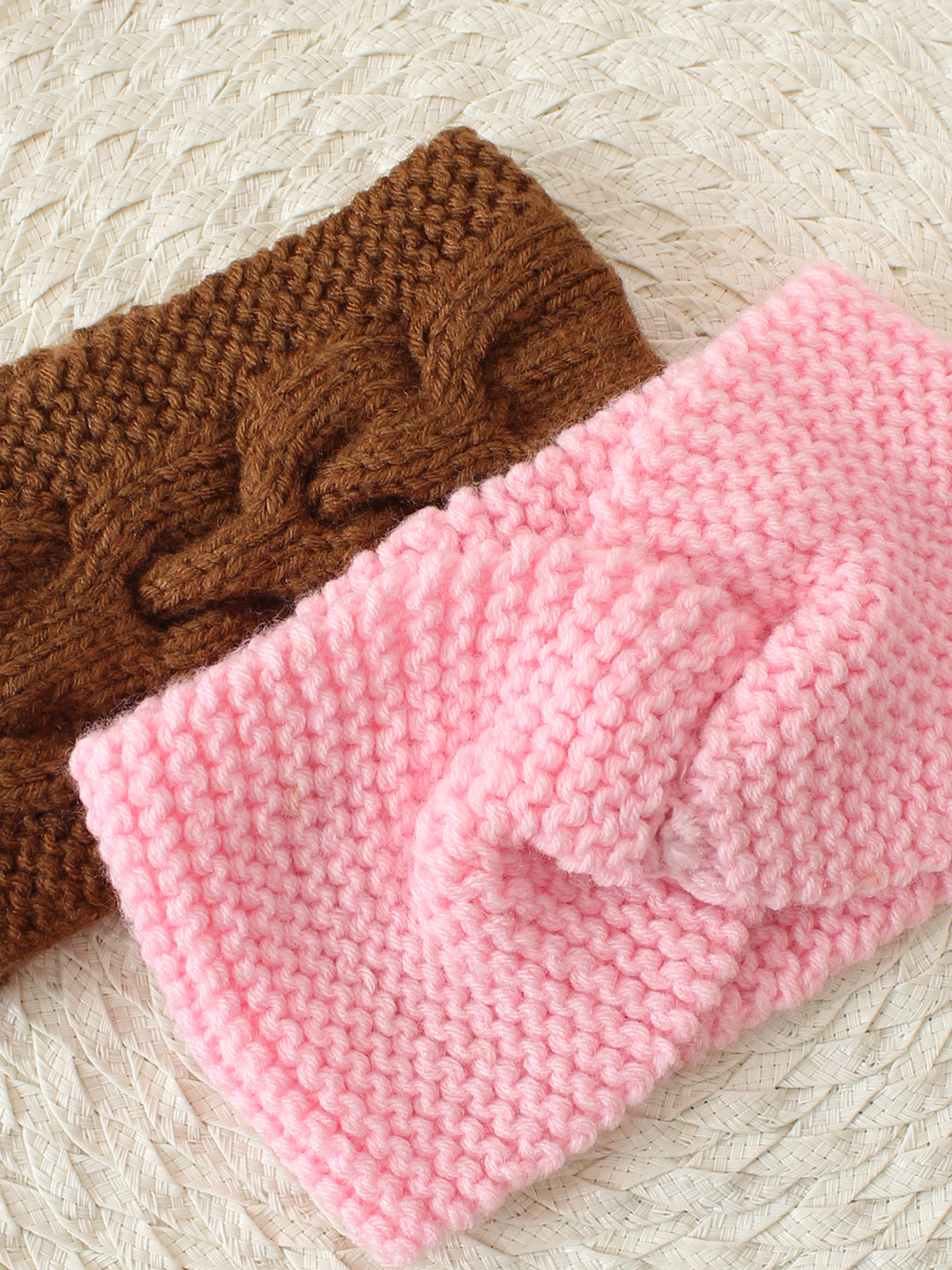 Woonie Set Of 2 Twisted & Abstract Designed Hand Knitted Headbands - Pink & Brown