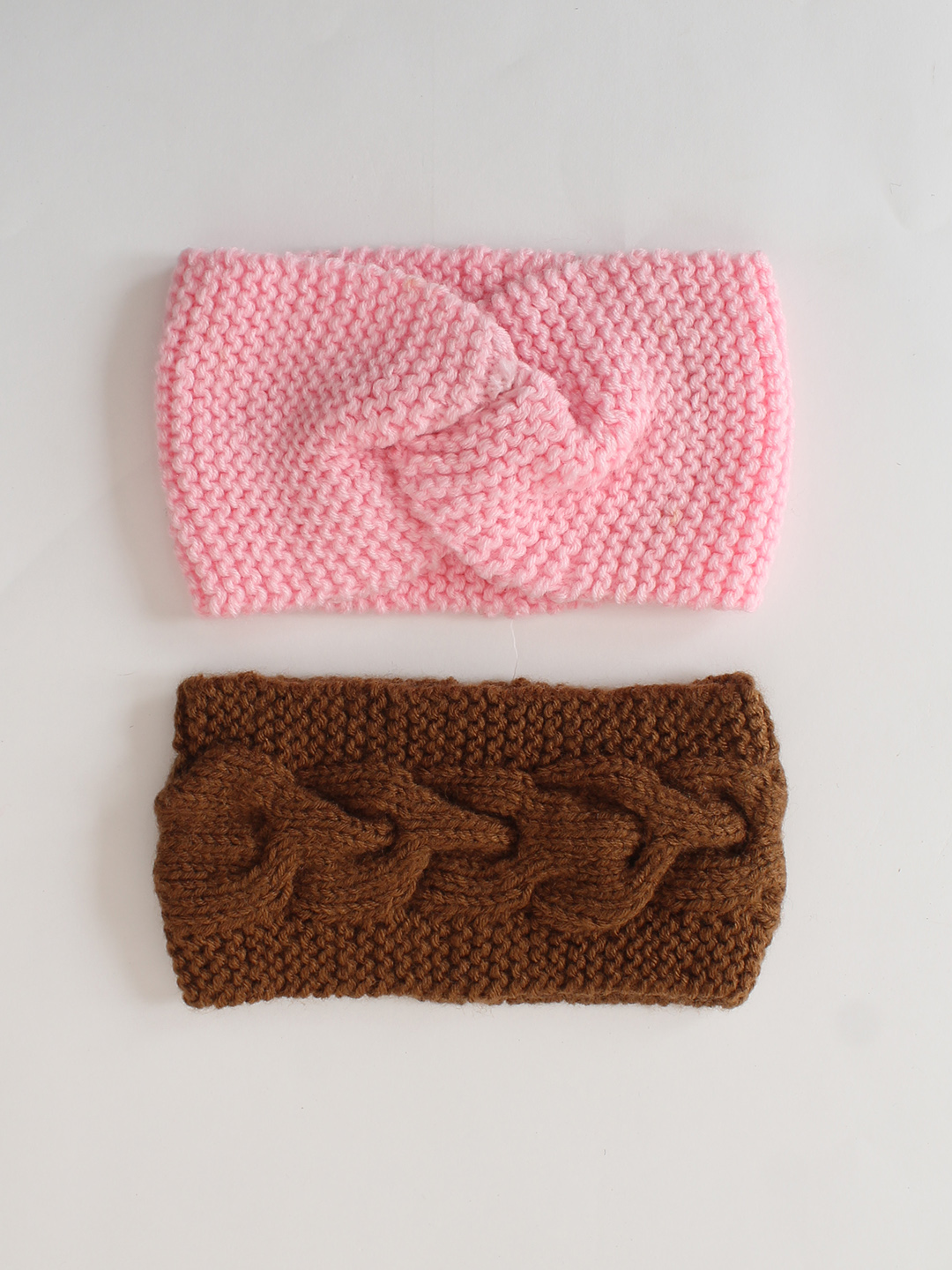 Woonie Set Of 2 Twisted & Abstract Designed Hand Knitted Headbands - Pink & Brown