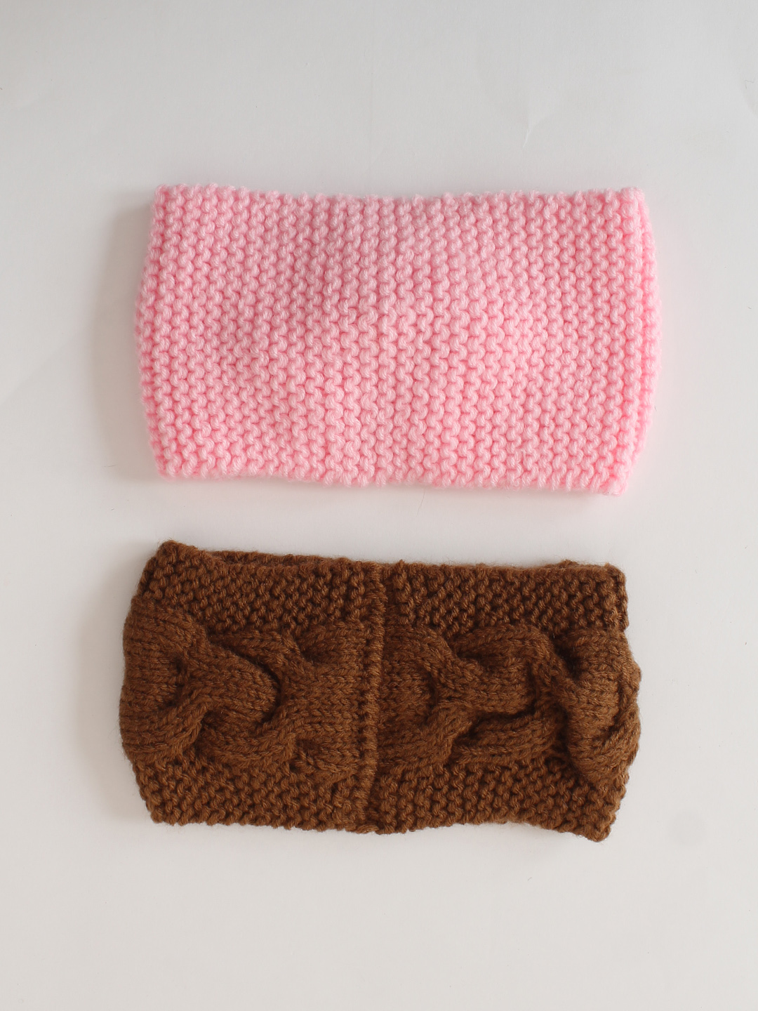 Woonie Set Of 2 Twisted & Abstract Designed Hand Knitted Headbands - Pink & Brown