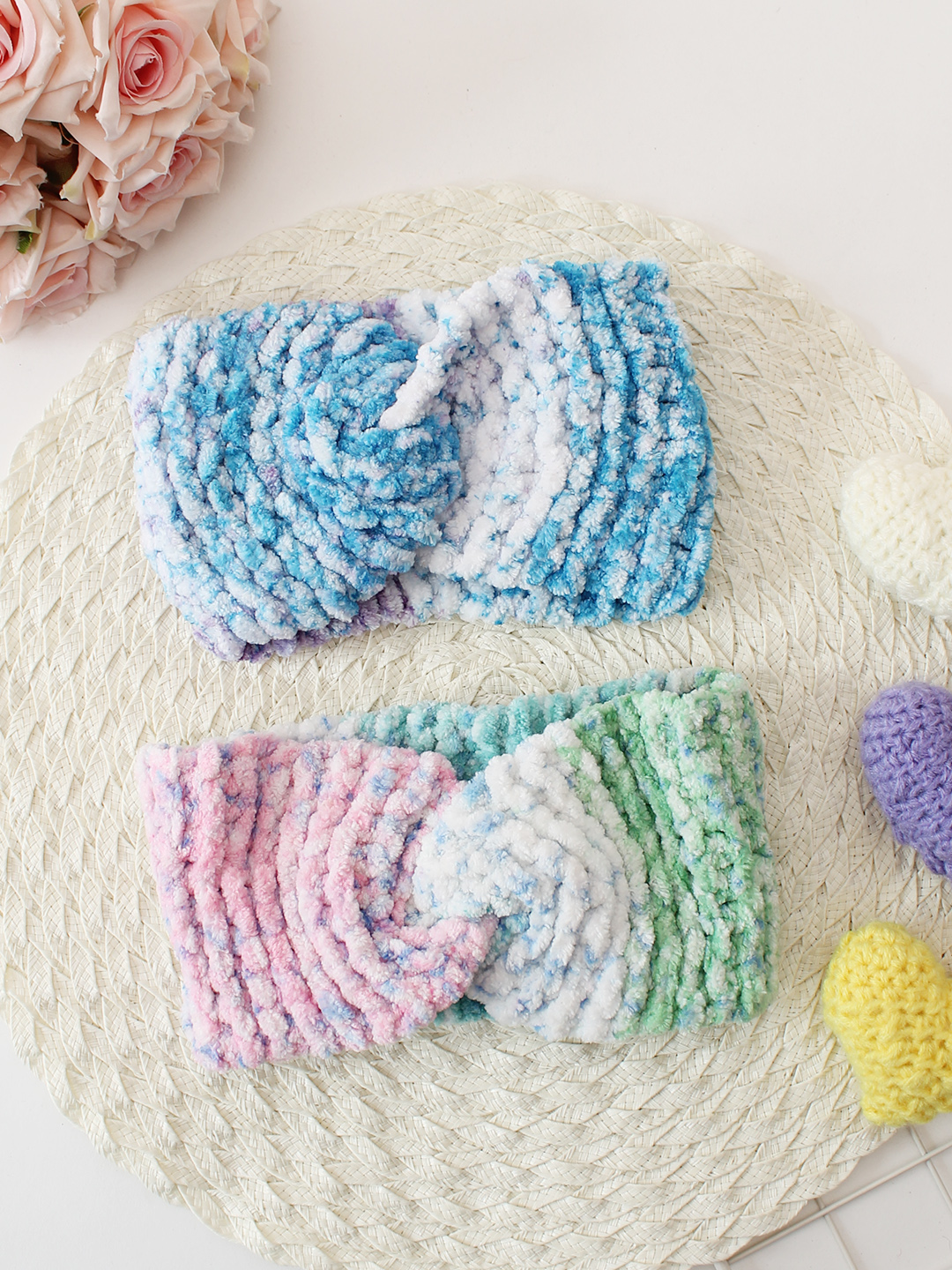 Woonie Set Of 2 Twisted Hand Knitted Tie & Dye Headbands - Blue & Multicolor