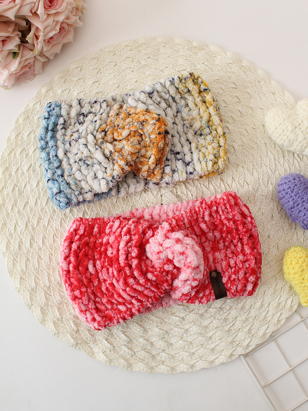 Woonie Set Of 2 Twisted Hand Knitted Tie & Dye Headbands - Red & Multicolor