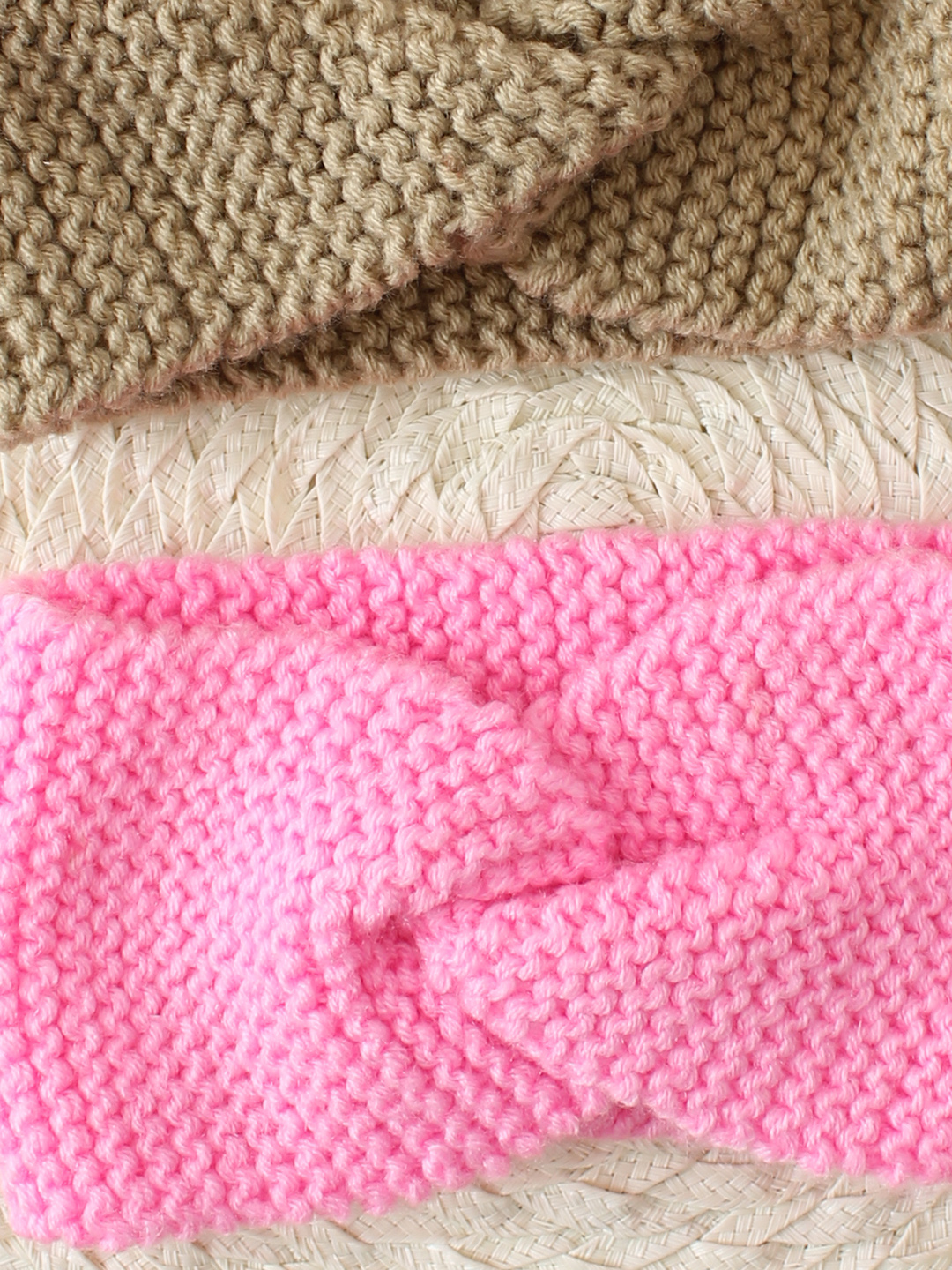Woonie Set Of 2 Twisted Hand Knitted Headbands - Beige & Pink