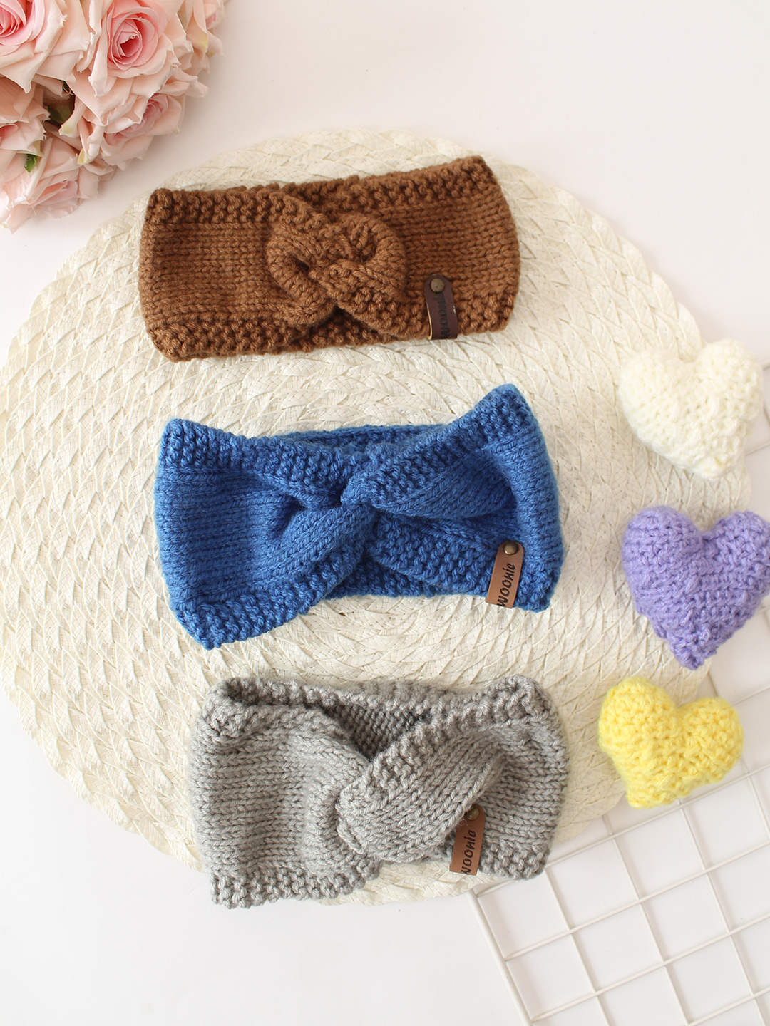 Woonie Set Of 3 Twisted Hand Knitted Headbands - Brown, Blue & Grey