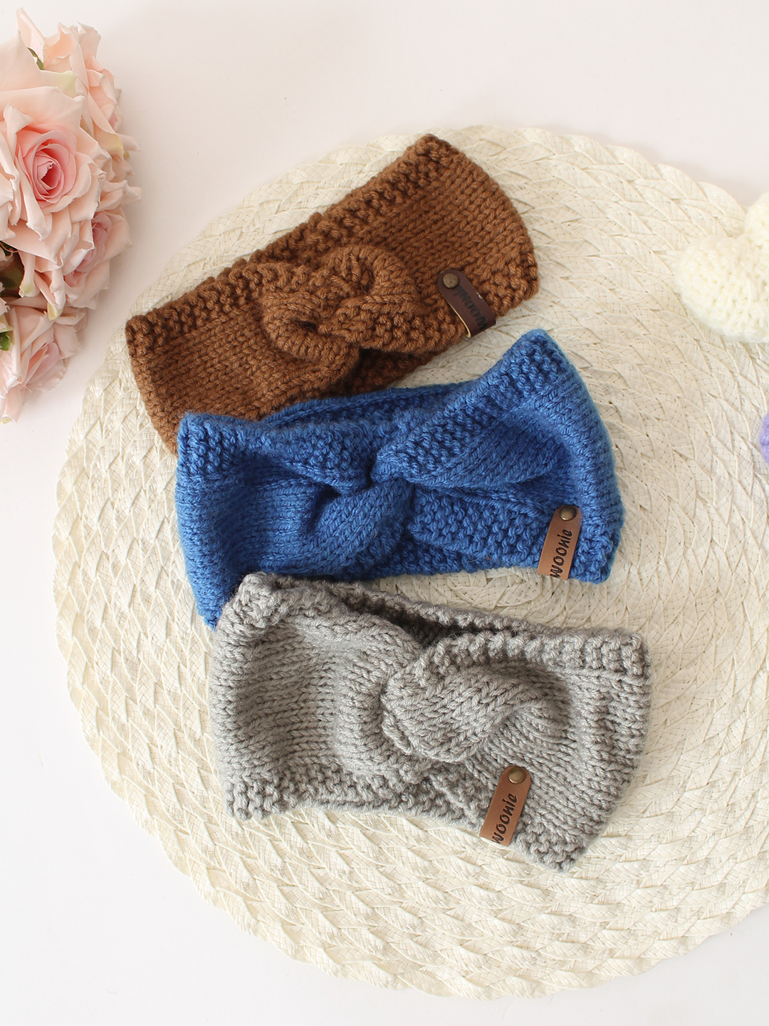 Woonie Set Of 3 Twisted Hand Knitted Headbands - Brown, Blue & Grey