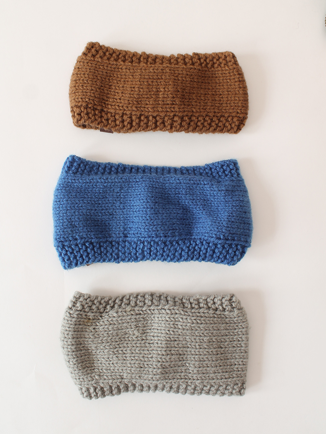 Woonie Set Of 3 Twisted Hand Knitted Headbands - Brown, Blue & Grey