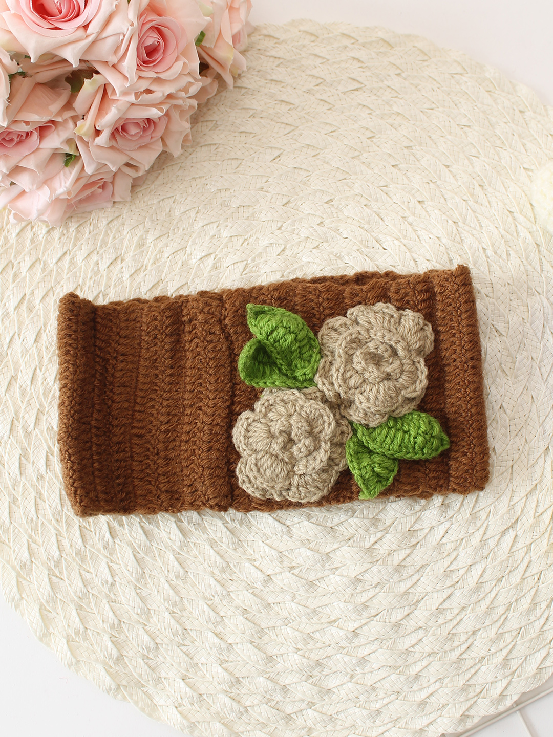 Woonie Hand Knitted Floral Headband - Brown
