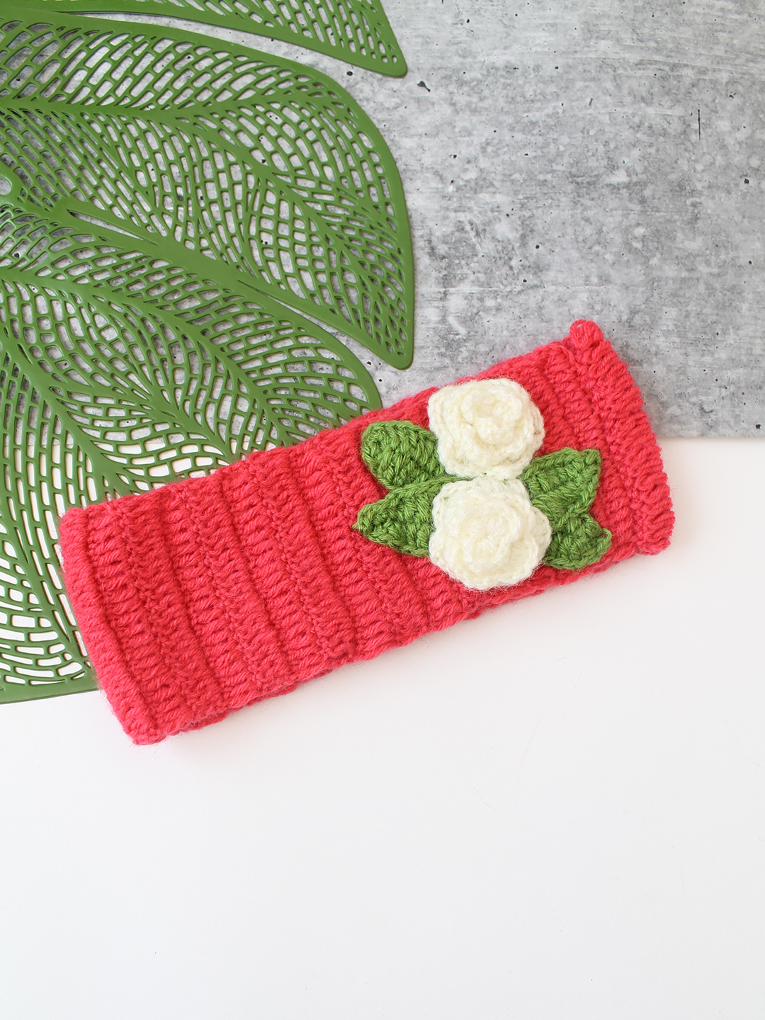 Woonie Floral Applique Detailed Hand Knitted Headband - Coral