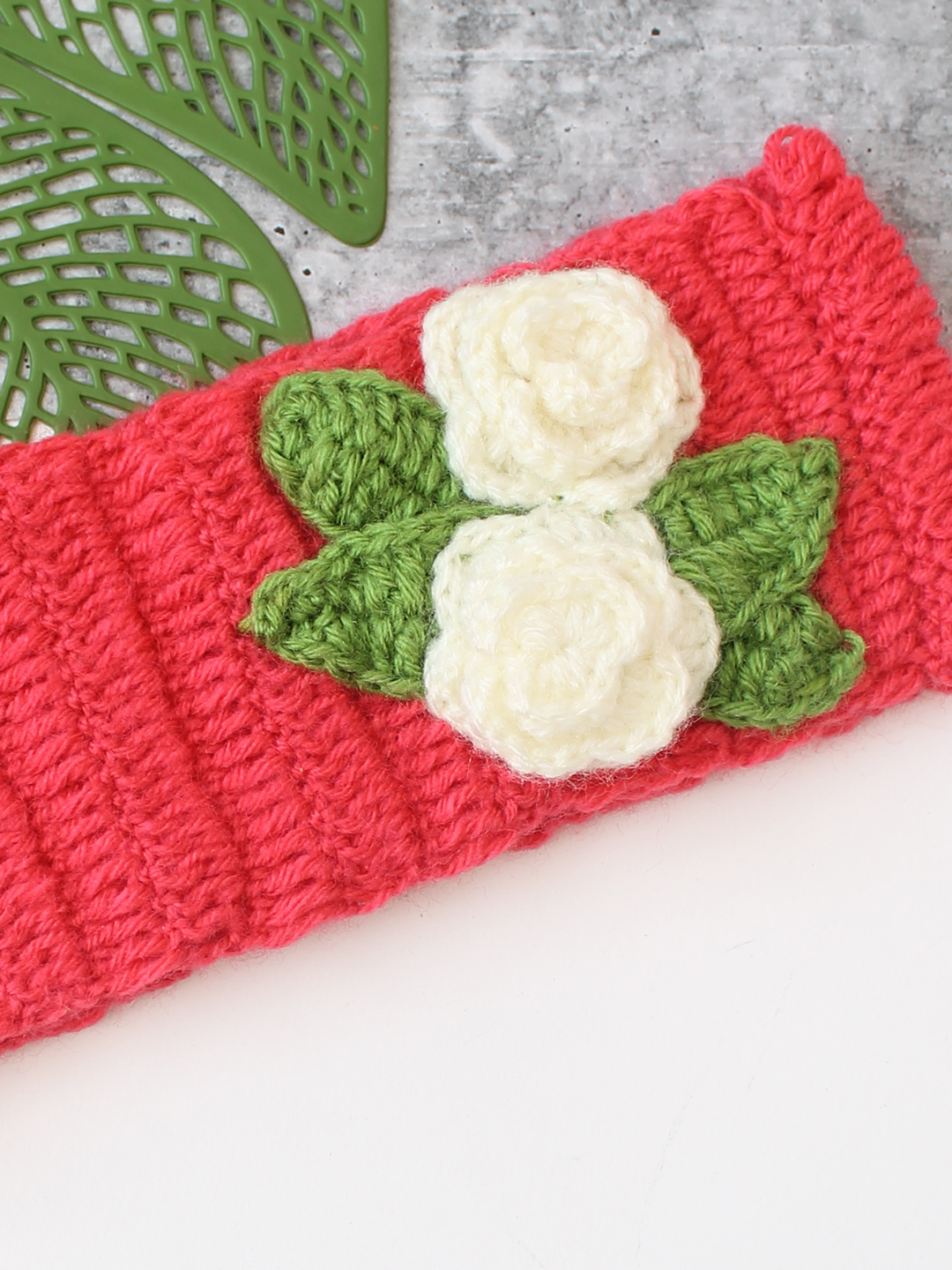 Woonie Floral Applique Detailed Hand Knitted Headband - Coral