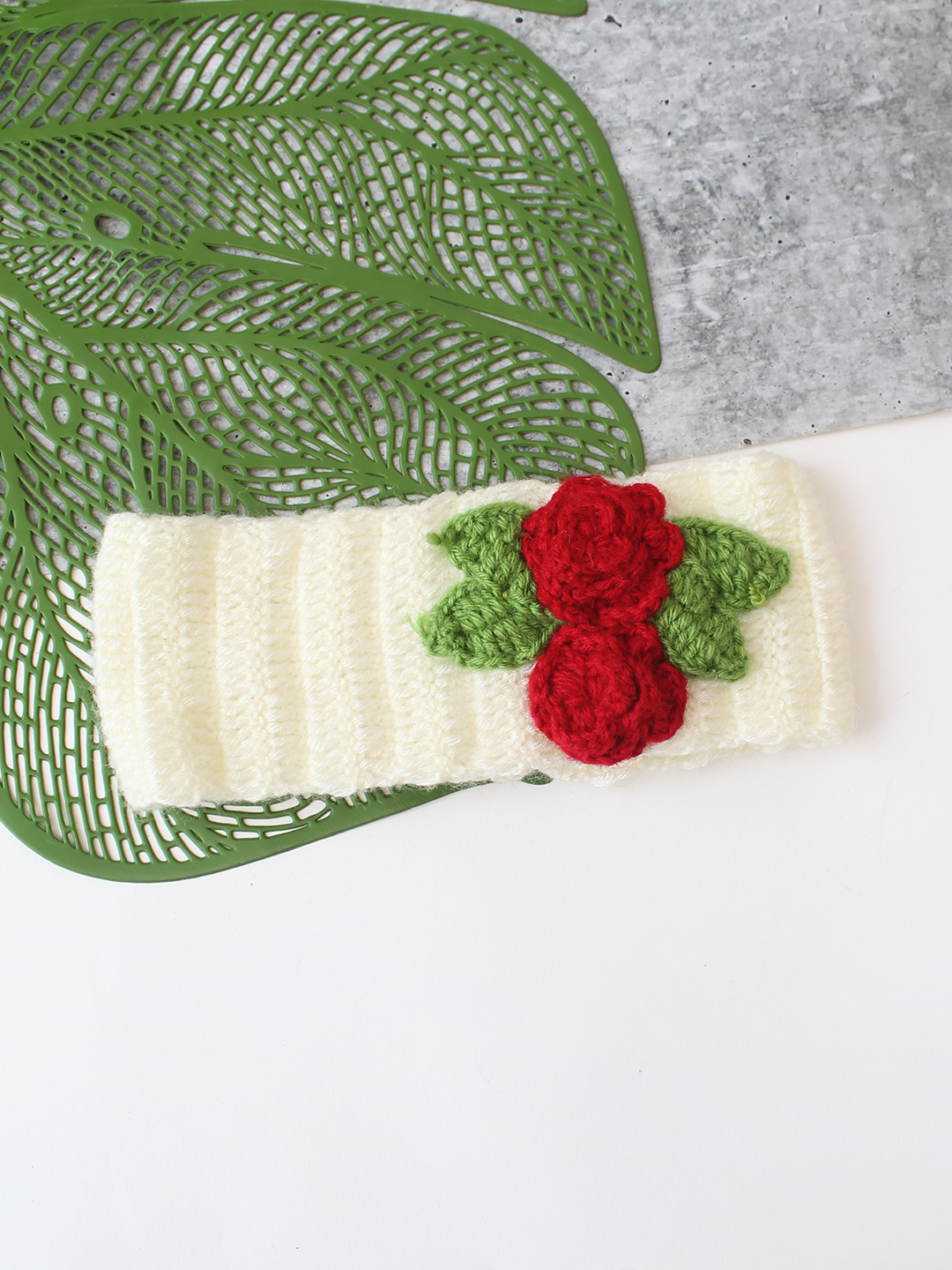 Woonie Floral Applique Detailed Hand Knitted Headband - Cream