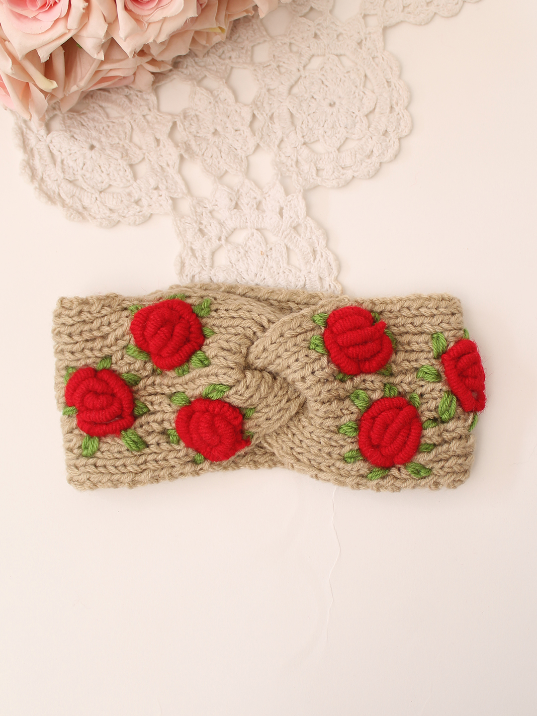 Woonie Handknitted Rose Designed Headband - Beige