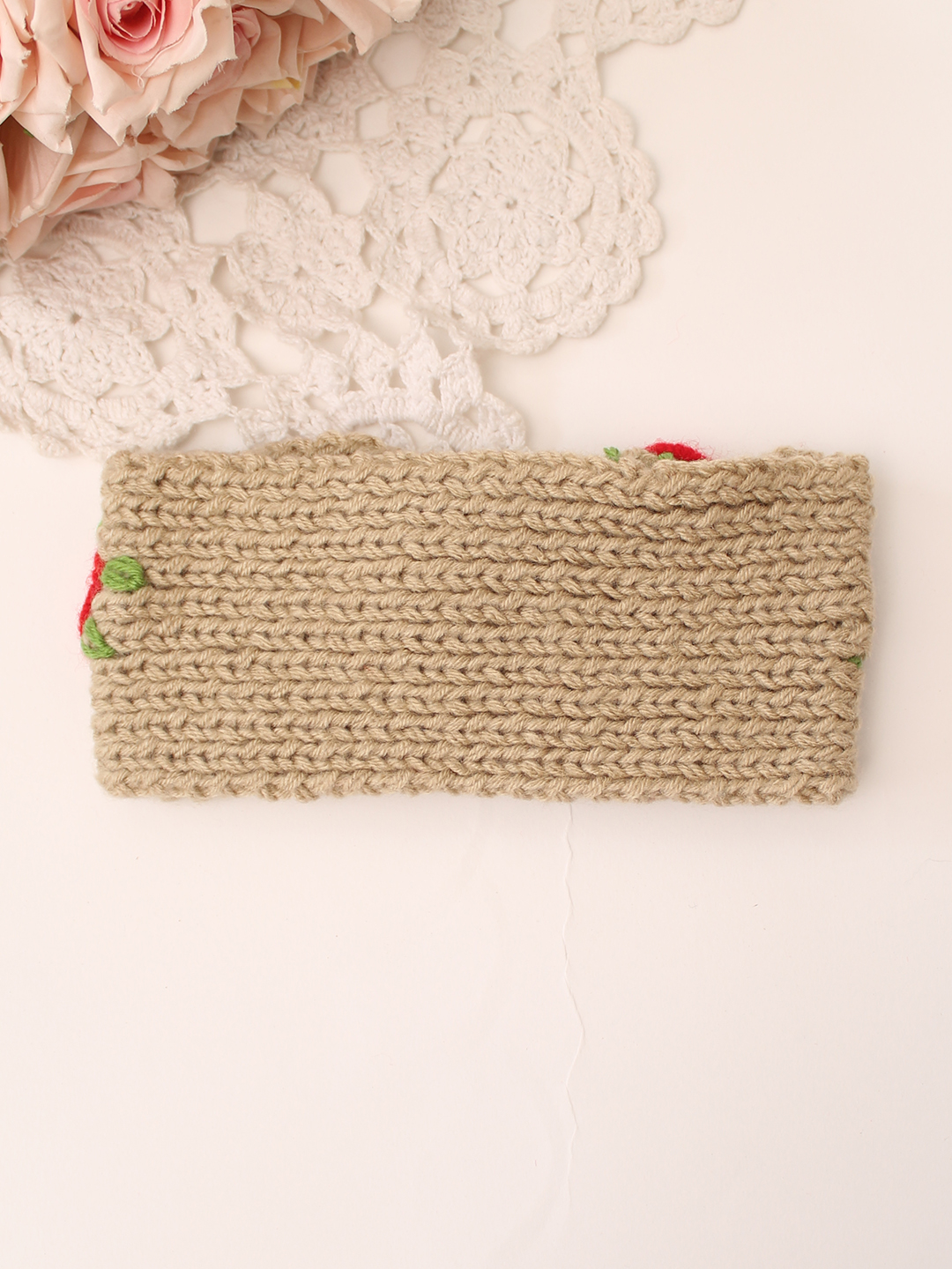 Woonie Handknitted Rose Designed Headband - Beige