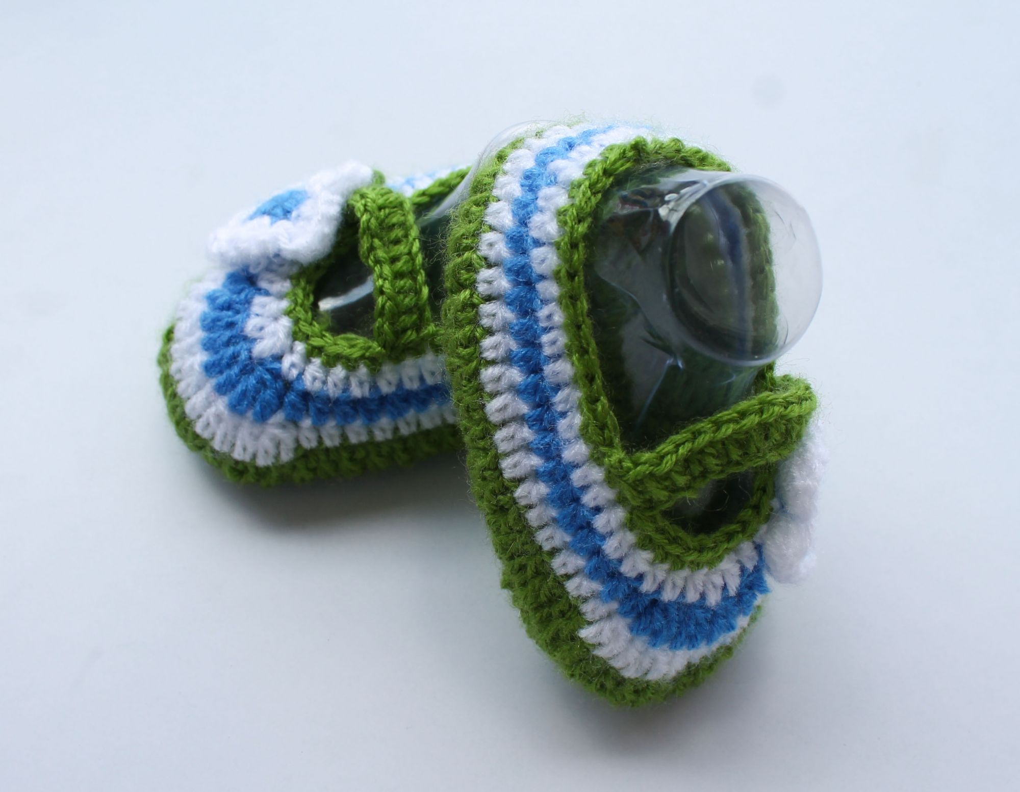 Woonie Handmade Crochet Striped Booties - Blue Green