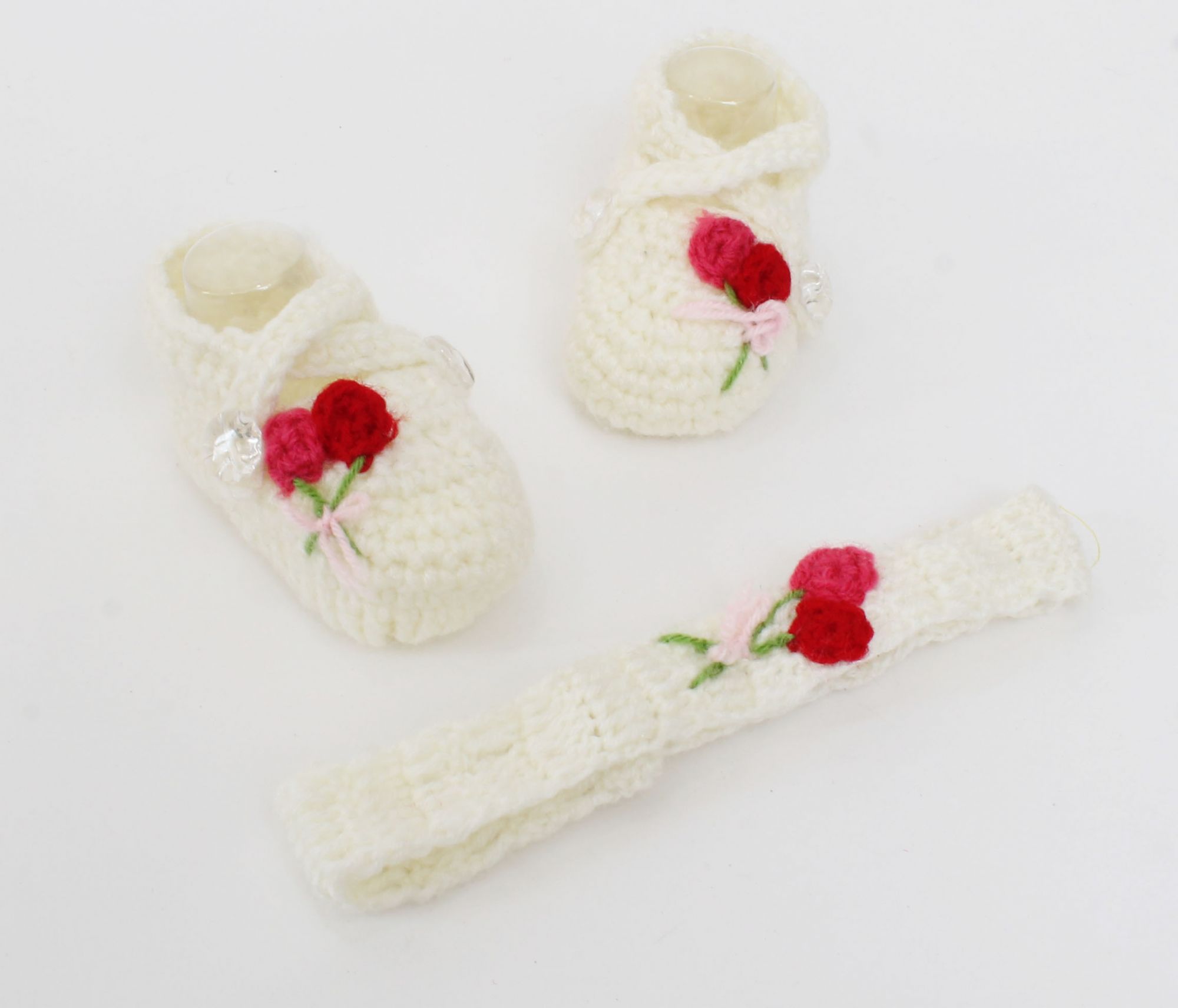 Woonie Handmade Floral Detailing Criss Cross Booties With Headband-Cream