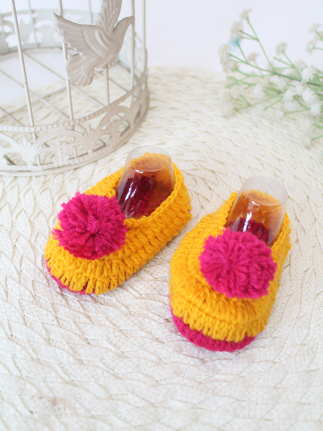 Woonie Crochet Handmade Pom-Pom Booties - Orange