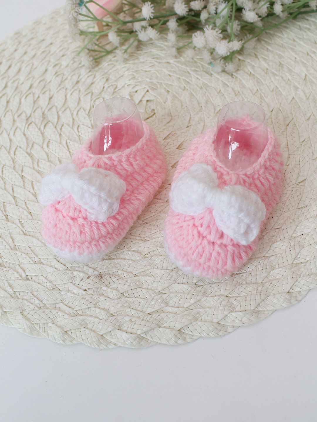 Woonie Crochet Handmade Bow Booties - Pink