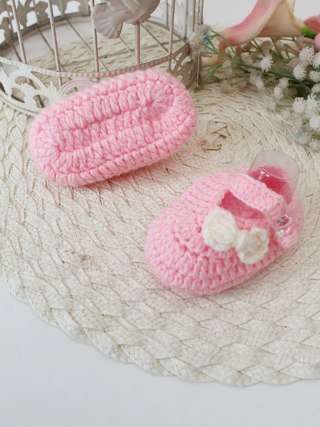 Woonie Crochet Handmade Bow Booties - Pink