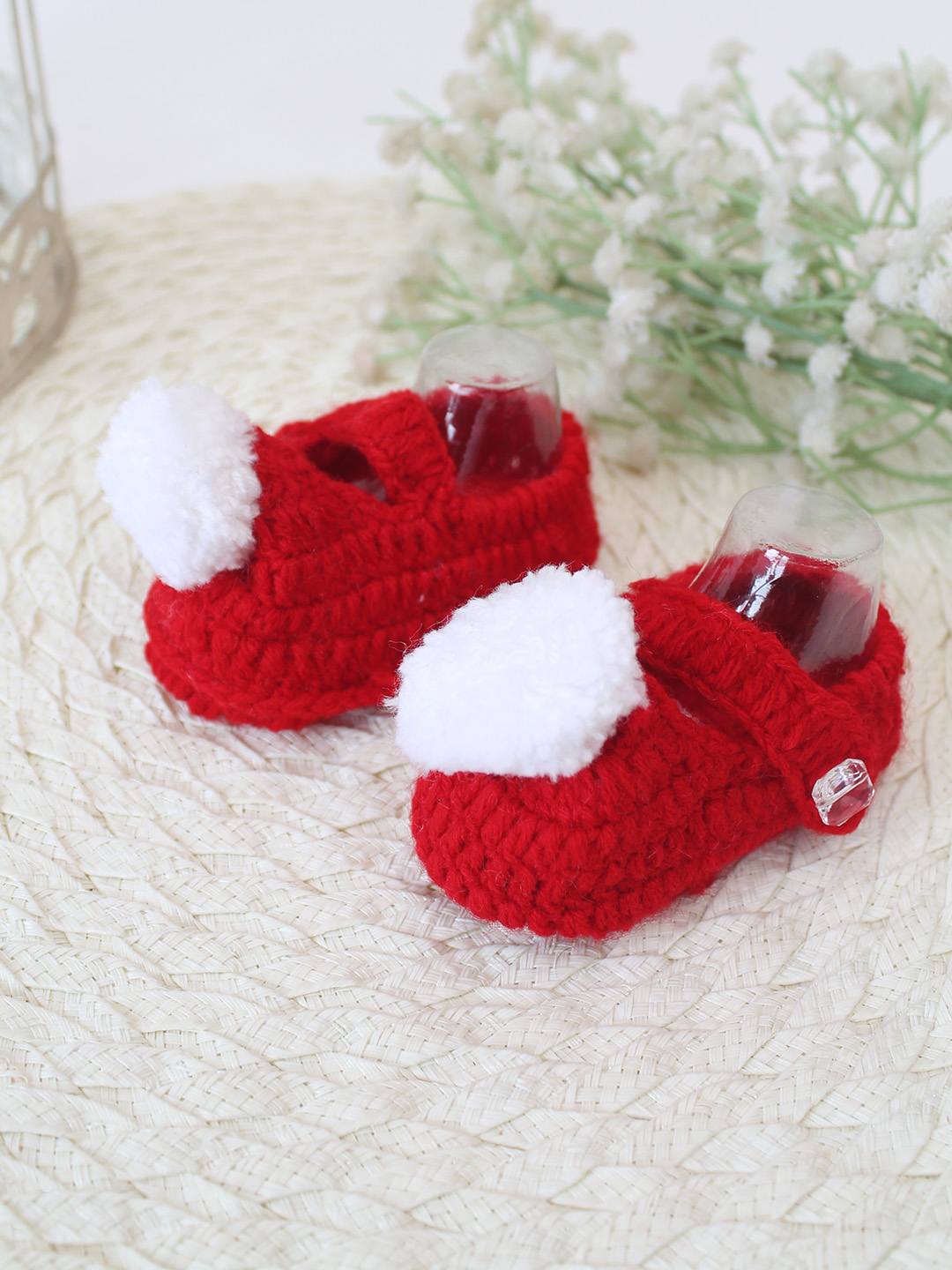 Woonie Crochet Handmade Pom-Pom Booties - Red