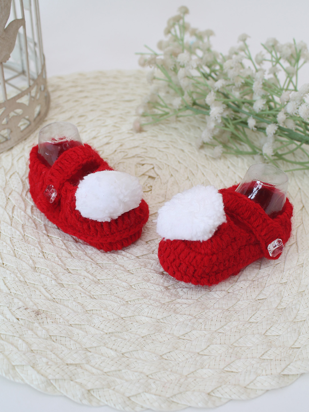 Woonie Crochet Handmade Pom-Pom Booties - Red
