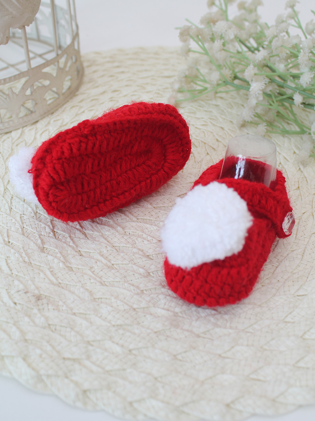 Woonie Crochet Handmade Pom-Pom Booties - Red