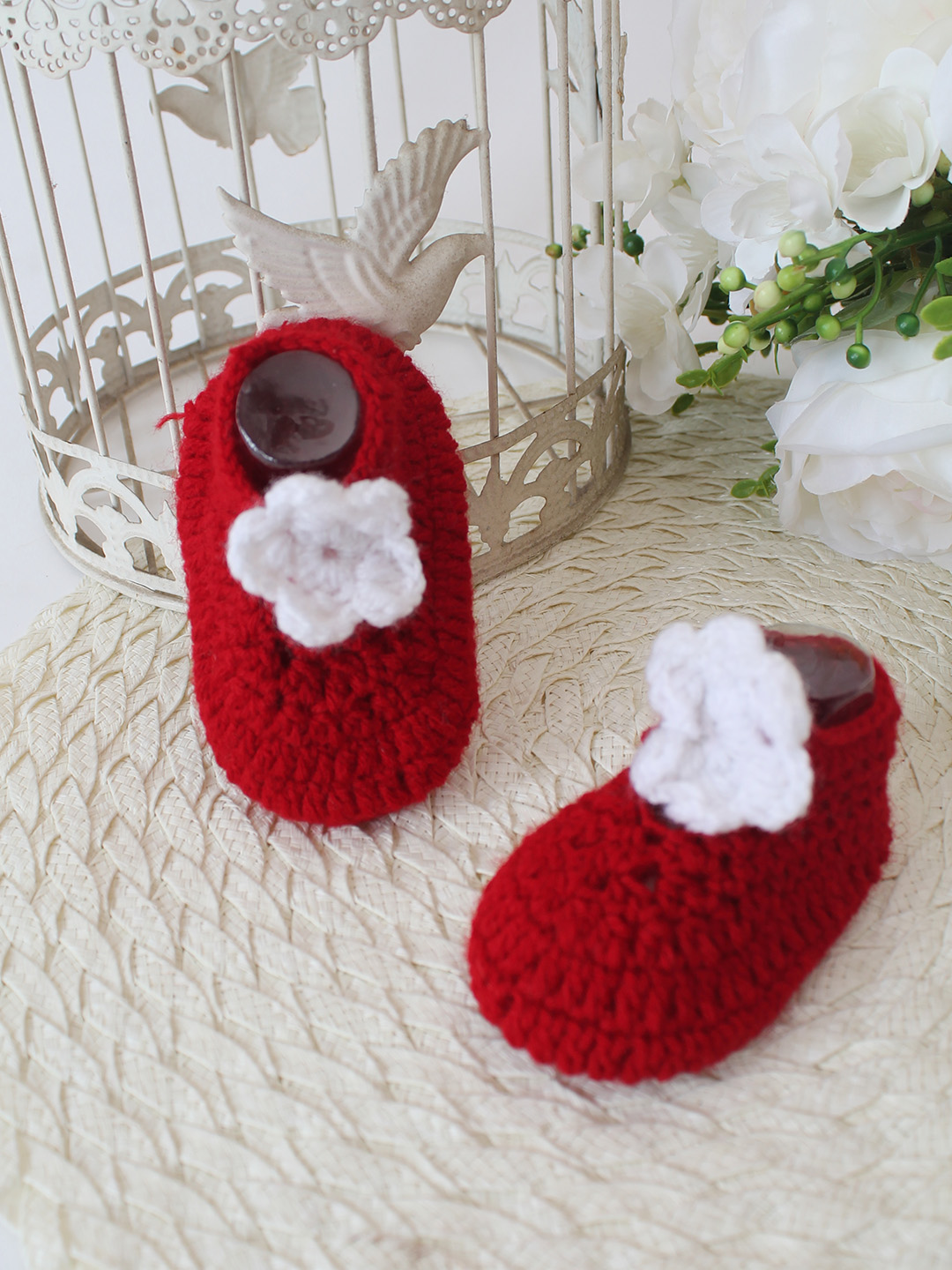 Woonie Crochet Handmade Floral Booties - Red