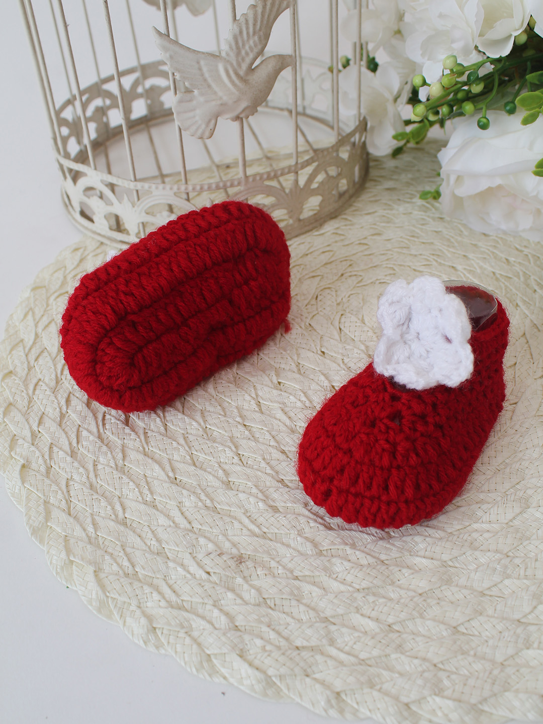 Woonie Crochet Handmade Floral Booties - Red