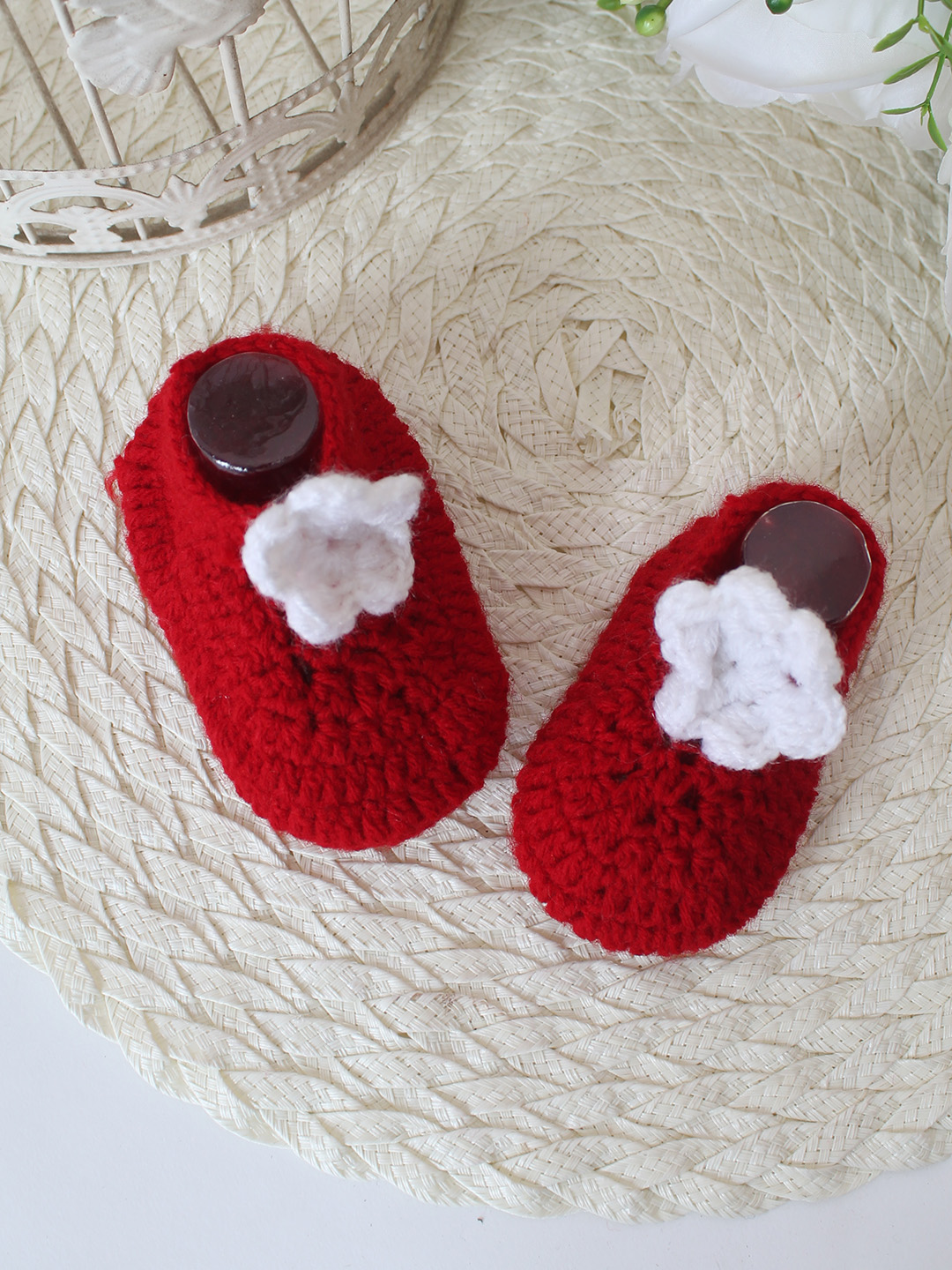 Woonie Crochet Handmade Floral Booties - Red