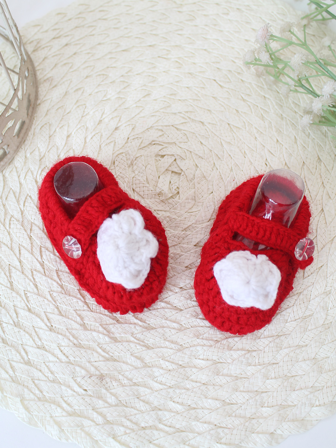 Woonie Crochet Handmade Floral Booties - Red