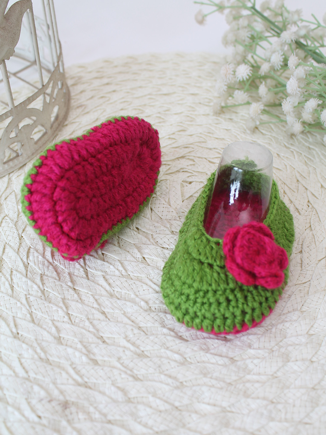 Woonie Crochet Handmade Floral Booties - Green