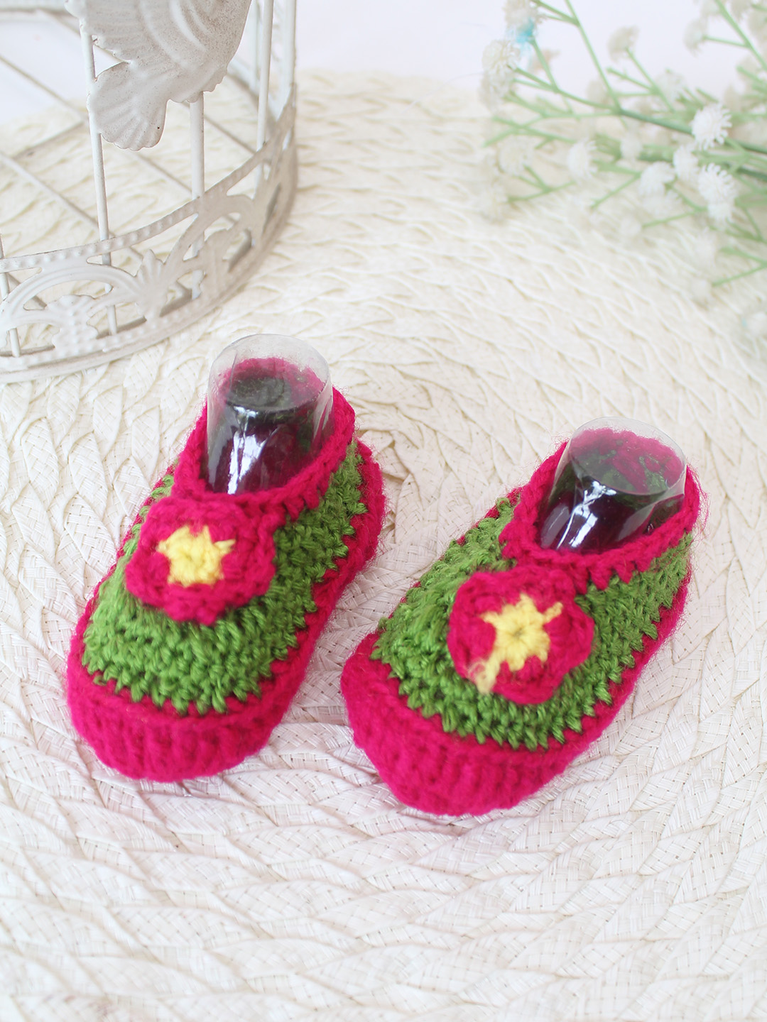 Woonie Crochet Handmade Floral Booties - Green