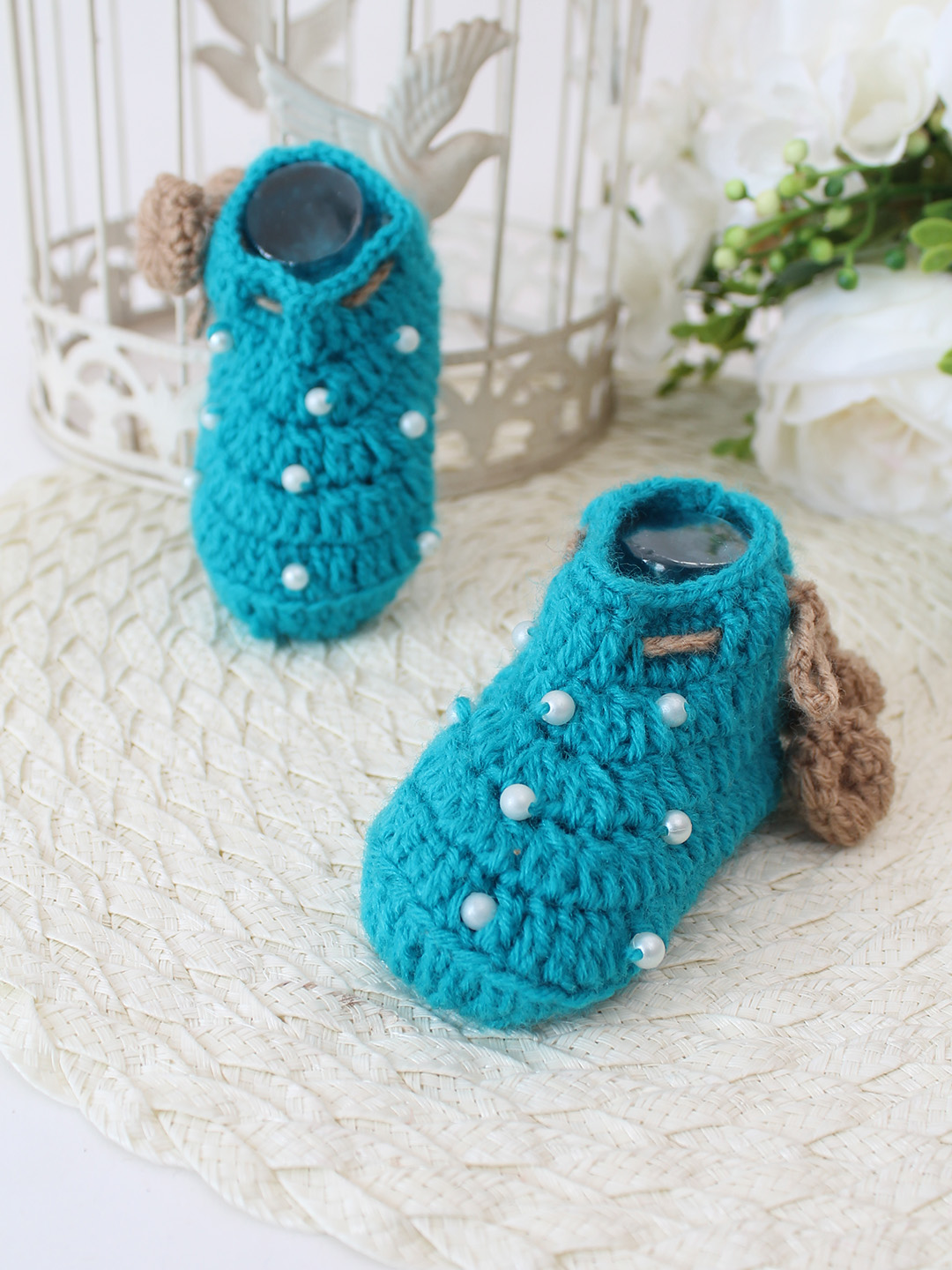 Woonie Crochet Handmade Pearl Booties - Green