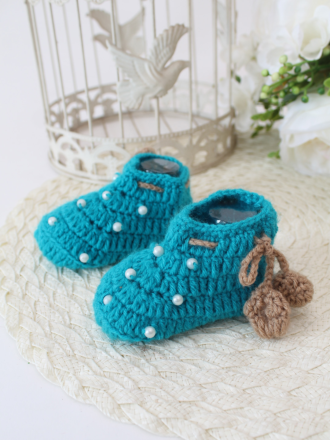Woonie Crochet Handmade Pearl Booties - Green