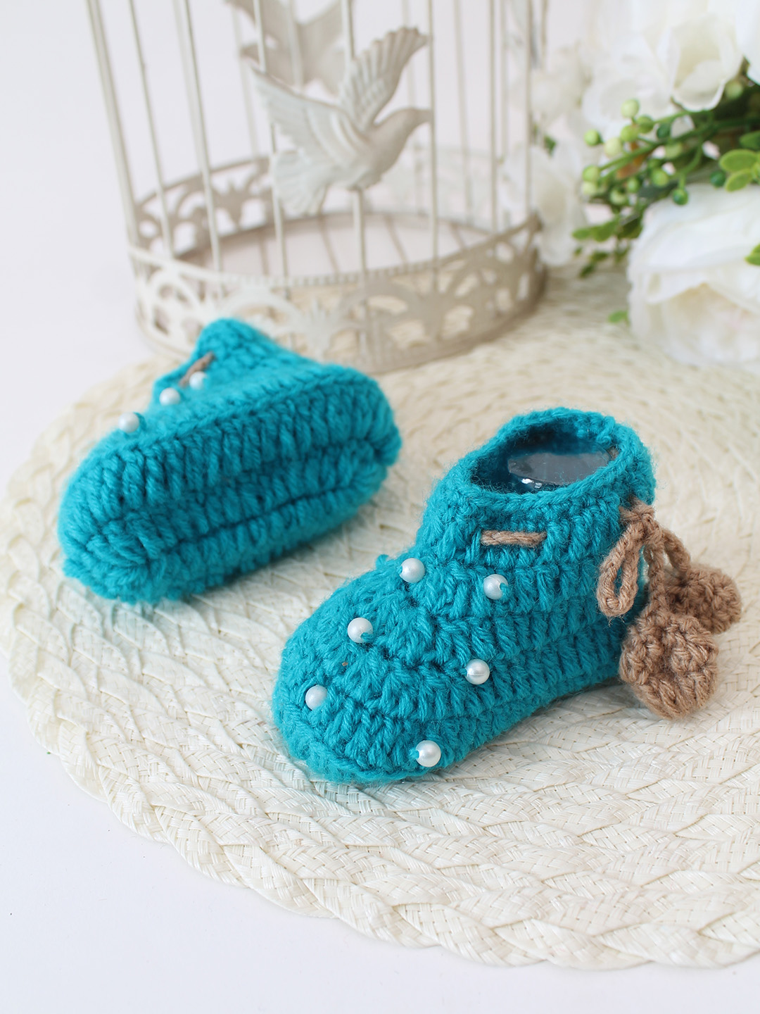 Woonie Crochet Handmade Pearl Booties - Green