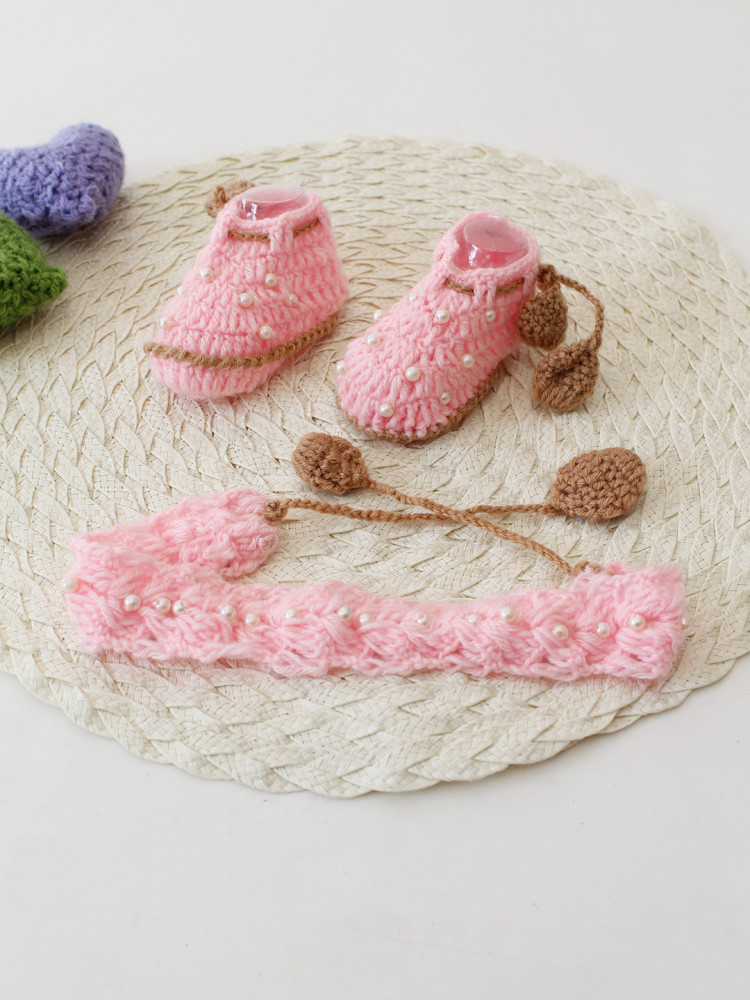 Image of Woonie Crochet Booties with Matching Headband - Pink