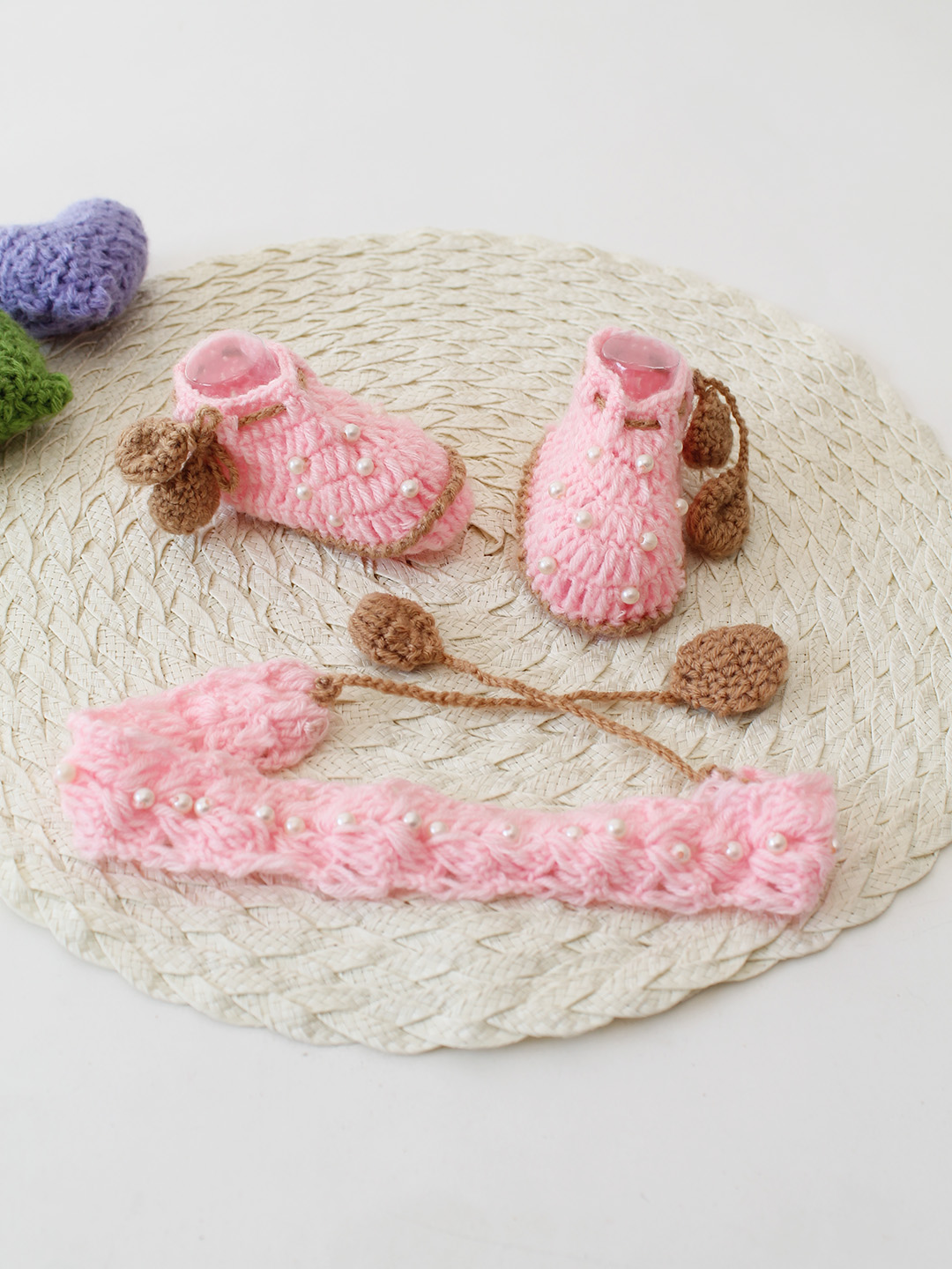 Woonie Crochet Booties with Matching Headband - Pink