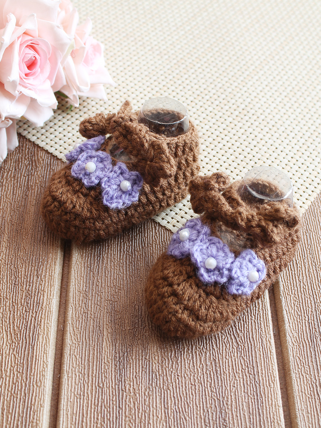 Woonie Floral Applique Booties - Brown