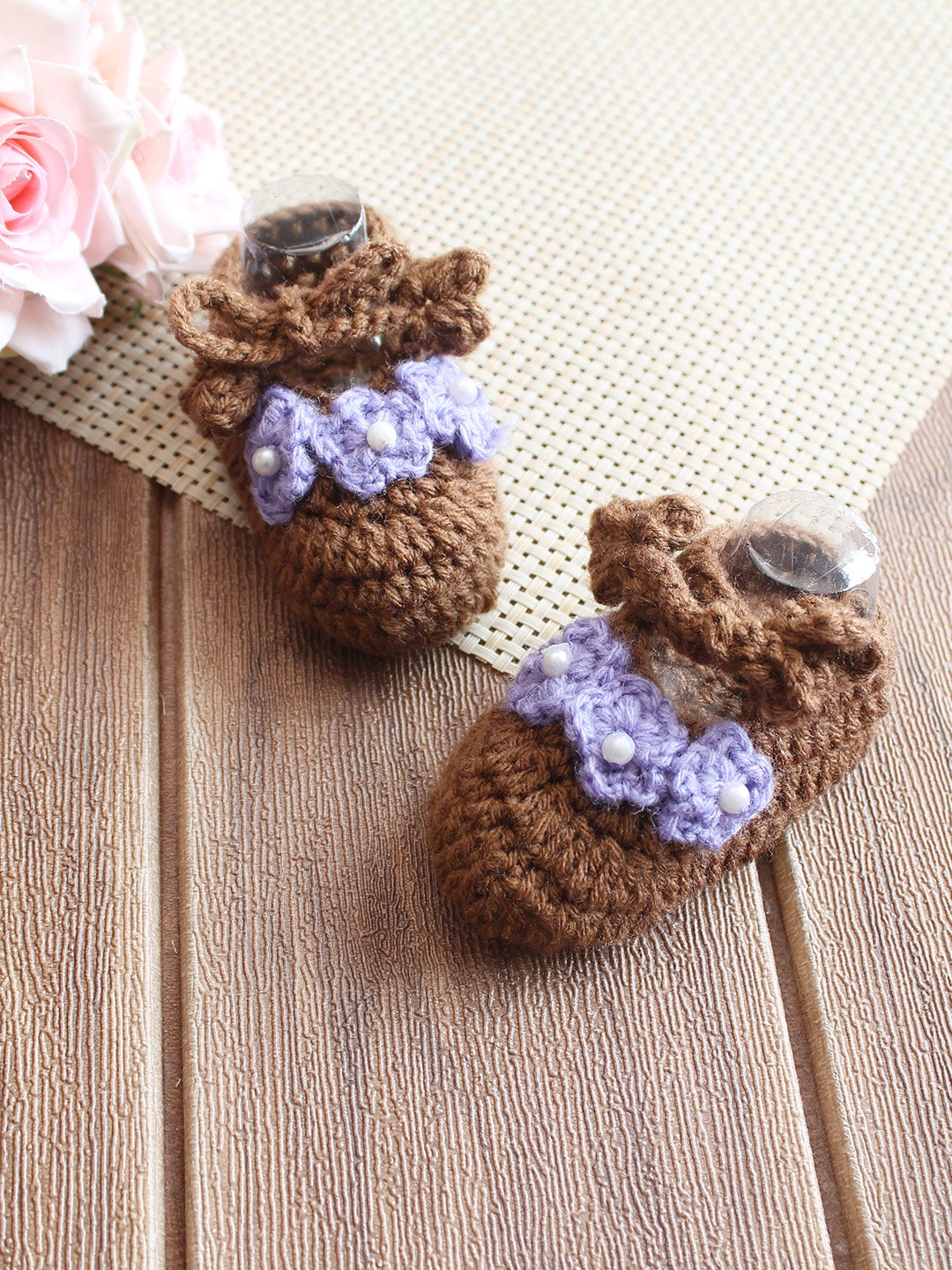 Woonie Floral Applique Booties - Brown
