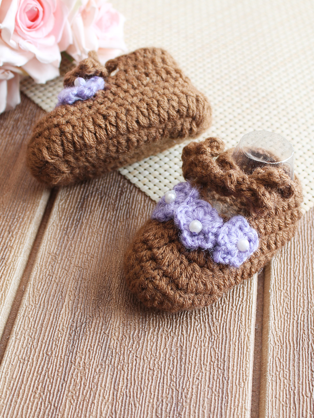 Woonie Floral Applique Booties - Brown