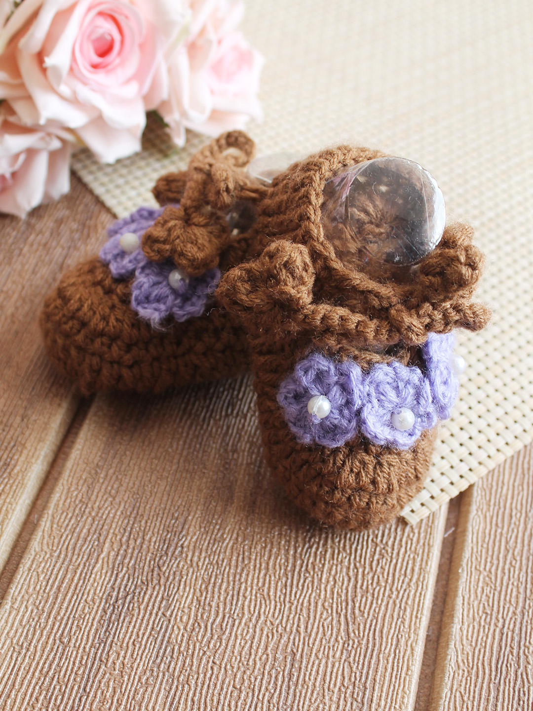 Woonie Floral Applique Booties - Brown