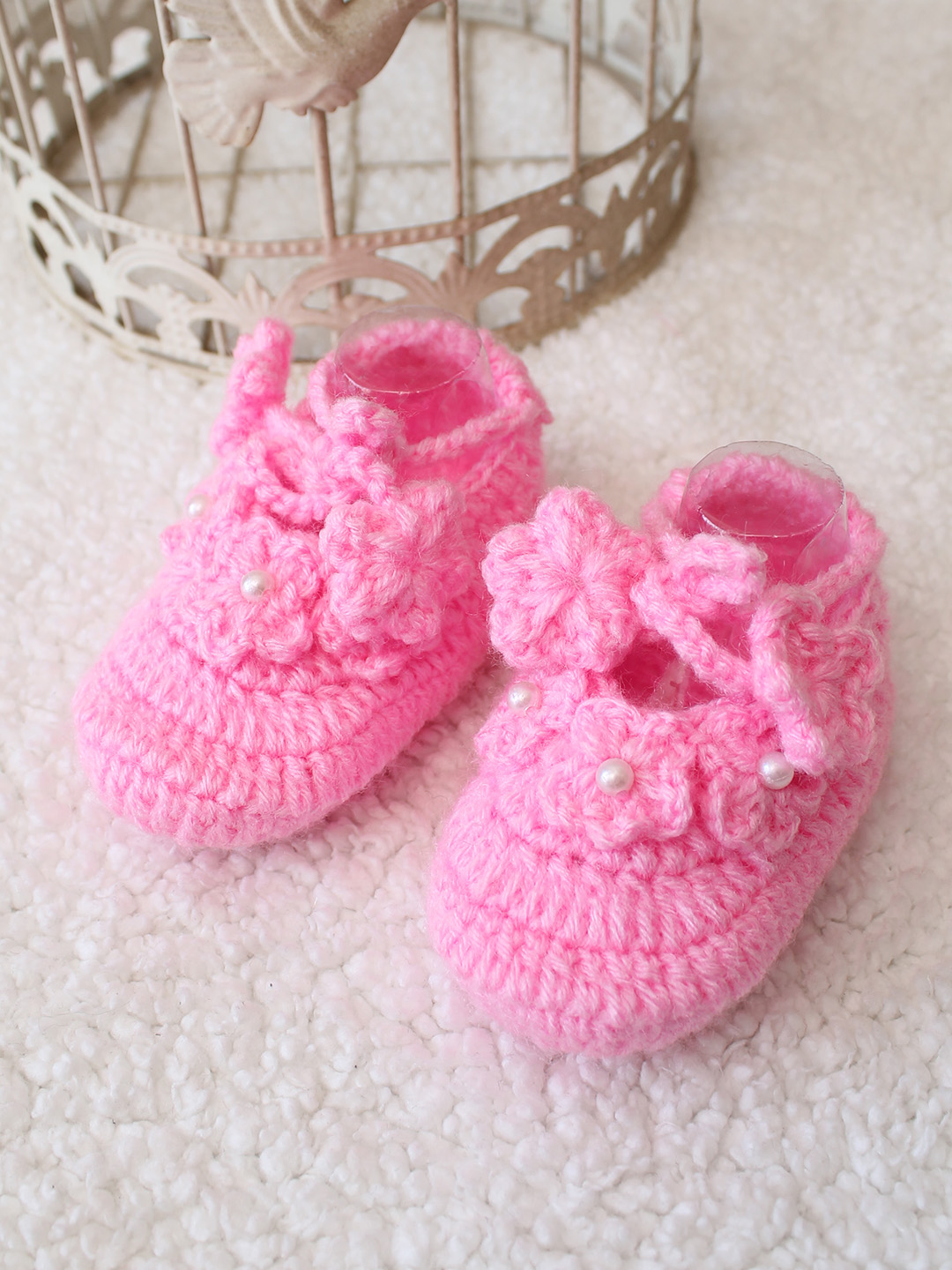 Woonie Floral Applique Booties - Pink