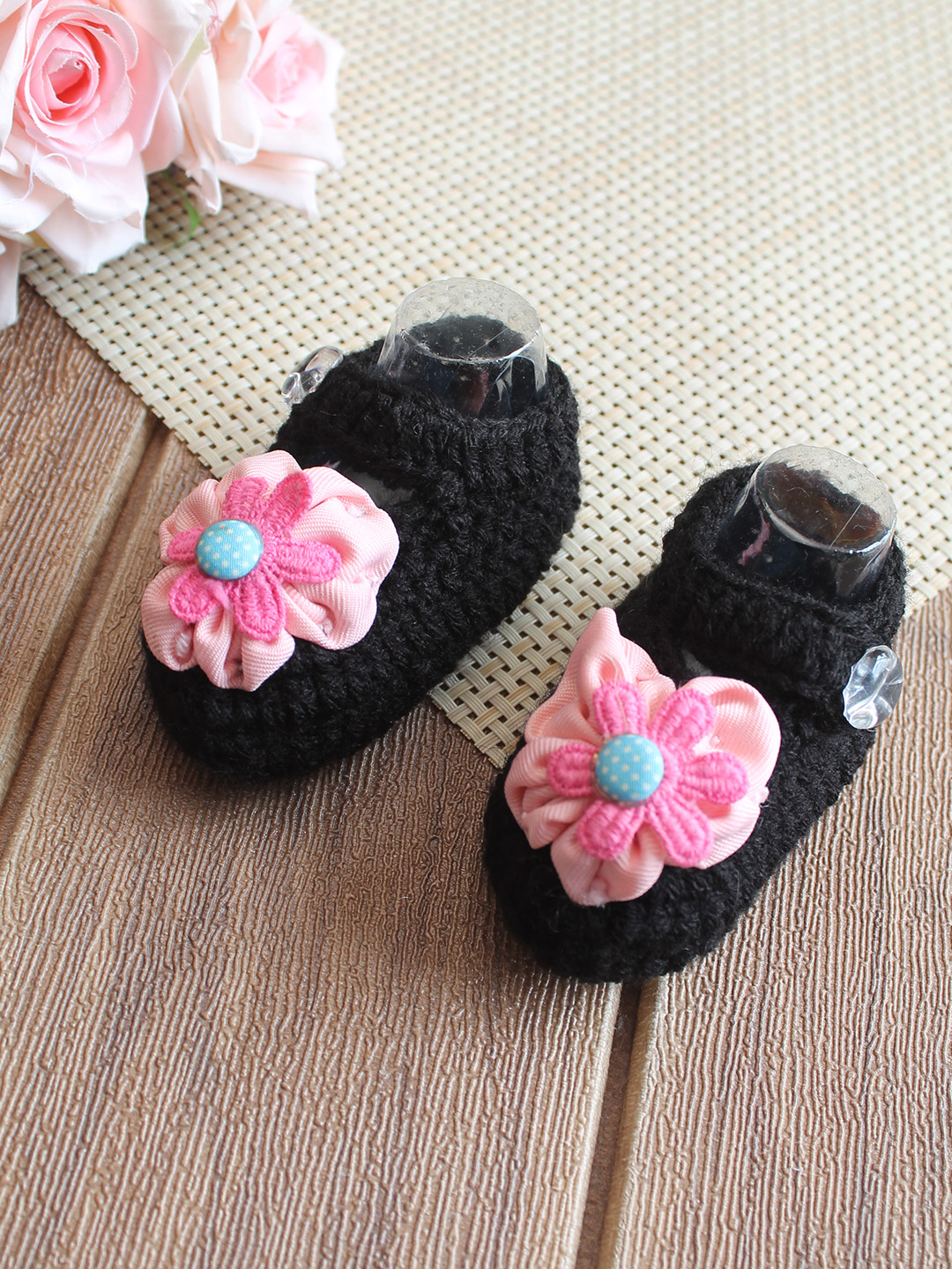 Woonie Floral Applique Booties - Black