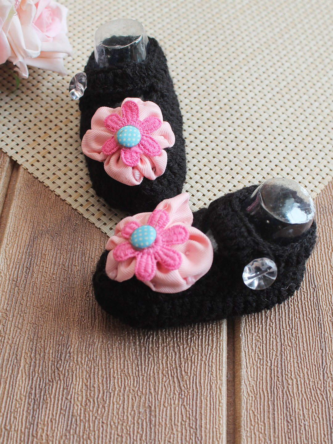 Woonie Floral Applique Booties - Black