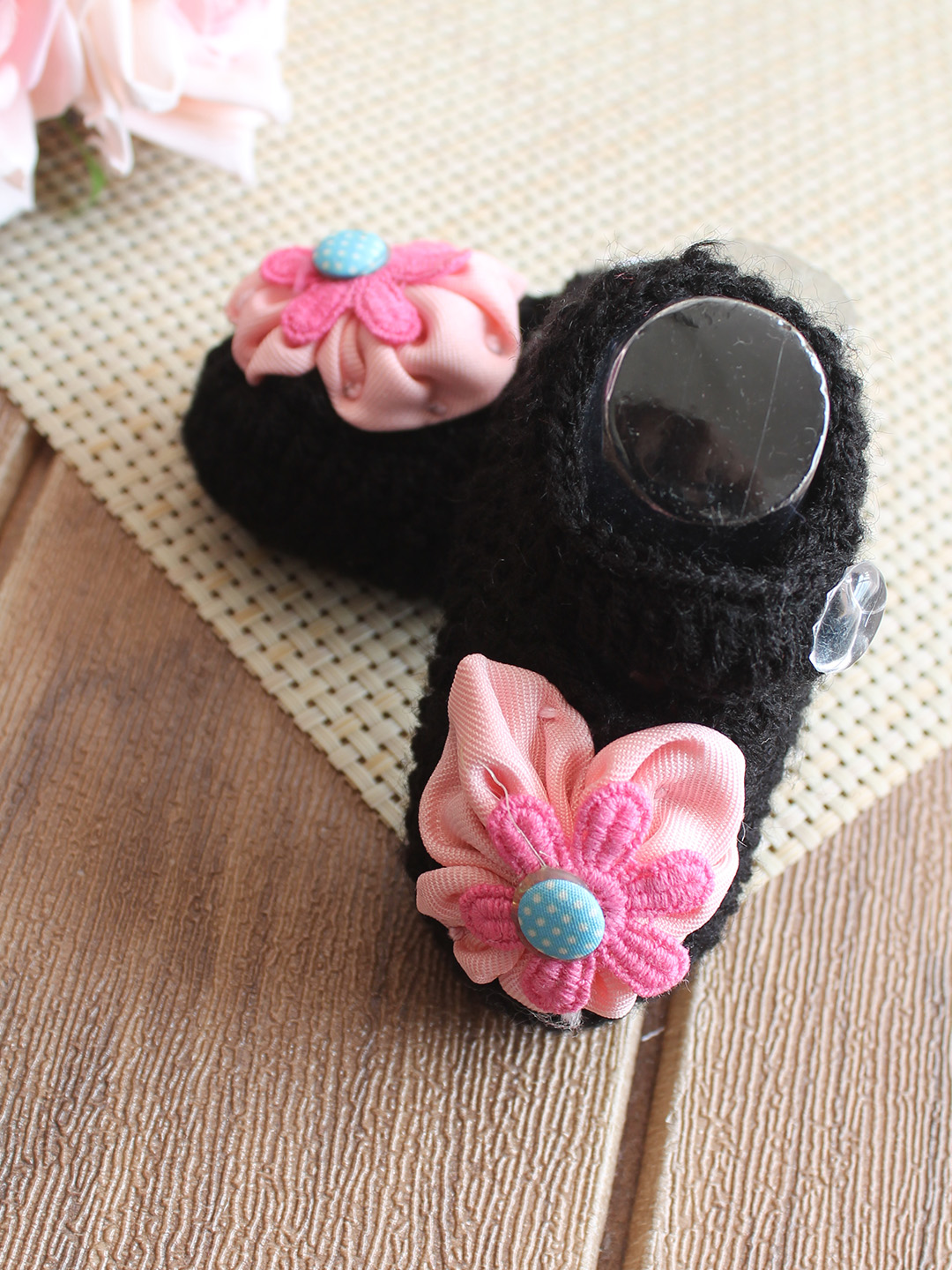 Woonie Floral Applique Booties - Black