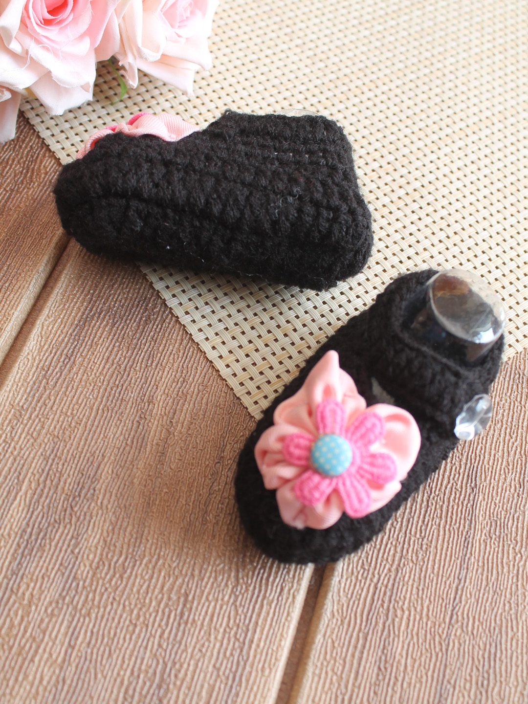Woonie Floral Applique Booties - Black