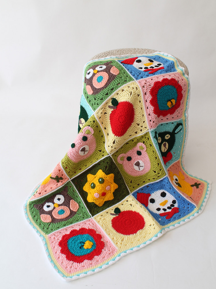 Image of Crochet Handmade Woolen Animal Design Blanket 40*40 inch with Sherpa Lining